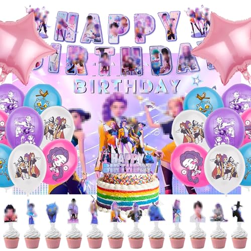 SupaWeiss 29pcs K-popS Birthday Decorations Happy Birthday Balloons Latex Balloons Banner Cake Topper Party Decorations Set