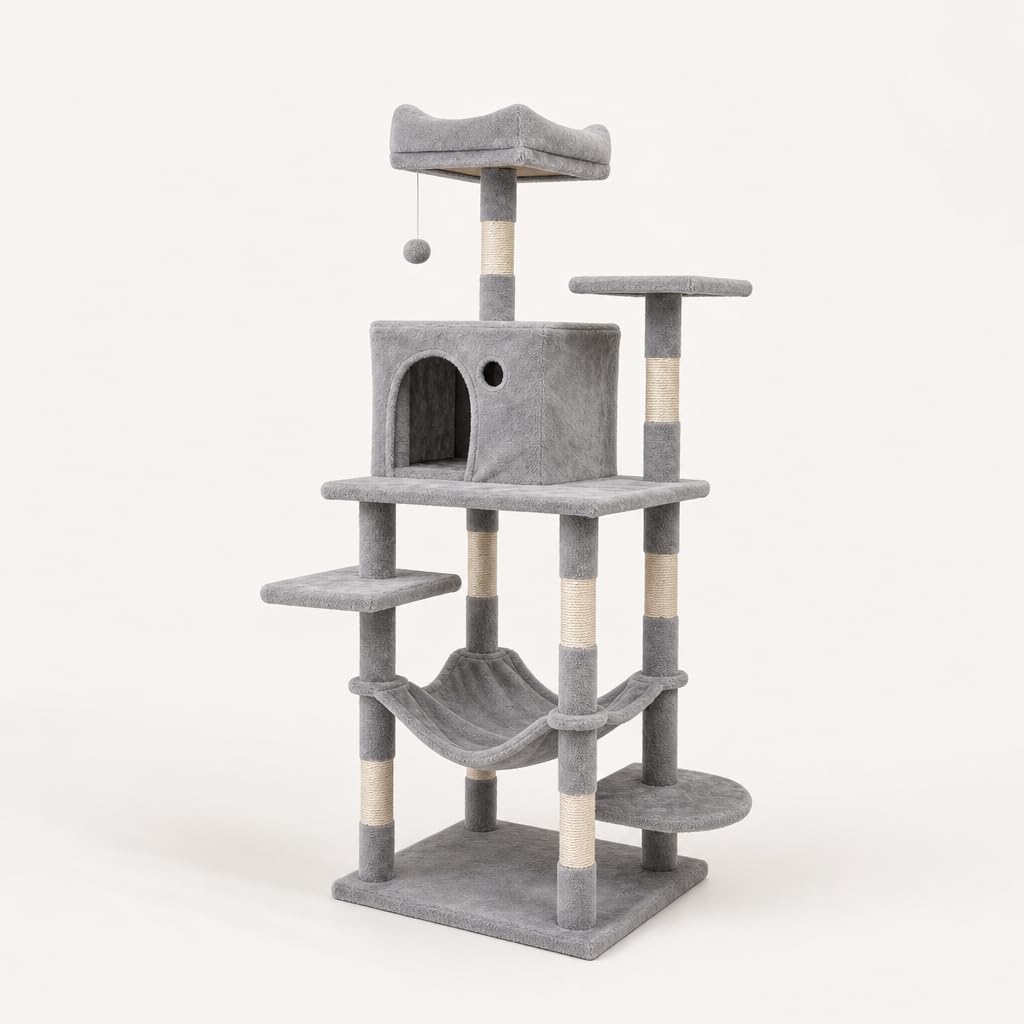 Árbol Rascador Gatos – Torre 4 Niveles con Caseta, Hamaca Cuna, Escalera, Postes Sisal, Juguetes Colgantes, Base 50×35cm, para Gatos Adultos (Gris, 140 cm)