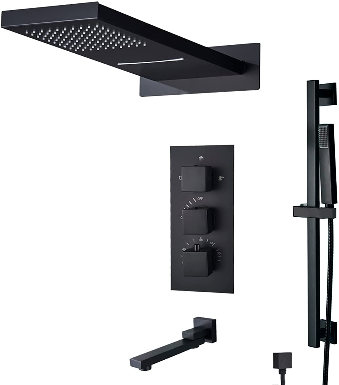 OZBMA shower set system thermostatic concealed faucet matte black wall mounted anti scald with hand and rainfall head advanced air injection technology