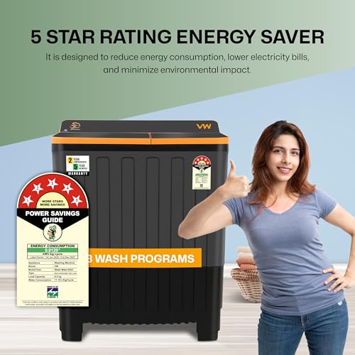 Image of VW 9.5 kg 5 Star Wash Mate Semi Automatic Top Load Washing Machine WashMate0095G (Black)