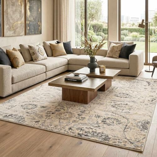 Image of Hauteloom Obsidian Rustic Farmhouse Living Room Bedroom Dining Room Area Rug - Turkish Style - Traditional Floral Look - Bluish Medium Grey, Beige, Light Brown, Cream, Black - 4'3 inch x 5'7 inch