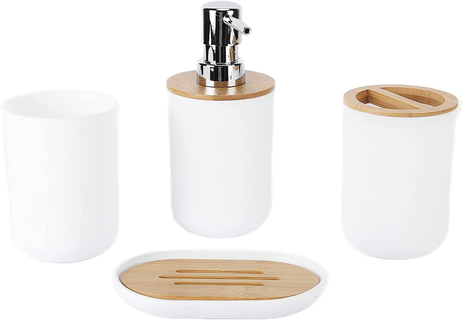 Accessori da Bagno in bambù Impermeabili 4 Pezzi, tra Cui Vassoio di Sapone, portaspazzolino/dentifricio, Tazza spazzolino da Denti,C