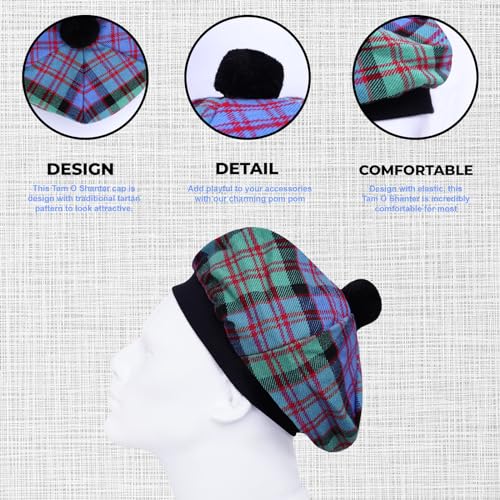 Image of Scottish Tam O' Shanter Hat Tartan Bonnet Pom Pom Wool Flat Cap One Size