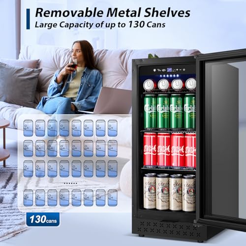 Image of Tylza 15 Inch Beverage Refrigerator, Under Counter /Freestanding Drink Fridge, 130 Cans Beverage Cooler with Glass Door, Reversible Door, Low Noise, Quick Cooling - for Beer, Soda, ETC, Black