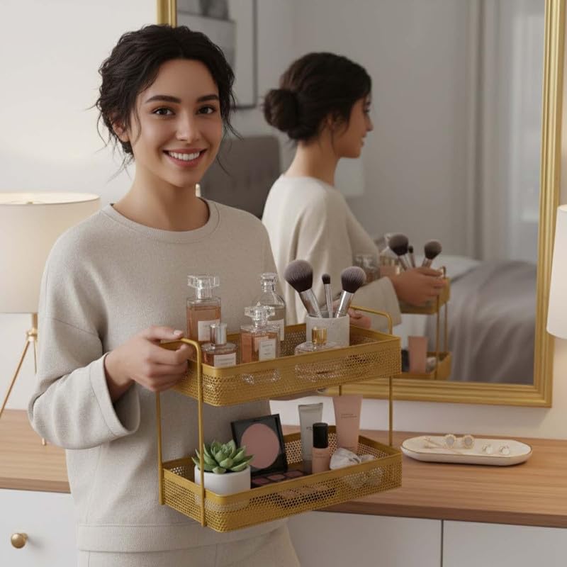 Image of Go Hooked Metal Standing Rack 2-Tier Countertop Organizer | Spices Organizer | Bathroom Essentials | Vanity Storage | Decorative Use | Cosmetic Makeup Storage (Golden)