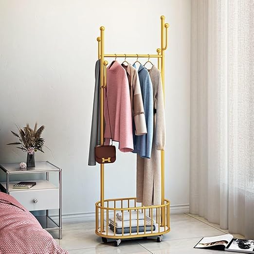 Calyrex Free-Standing Rolling Garment Rack with a Metal Basket, Rolling Storage Cart Clothes Hanging Organizer Coat Rack Storage Stand for Bedroom Laundry Small Place Entryway