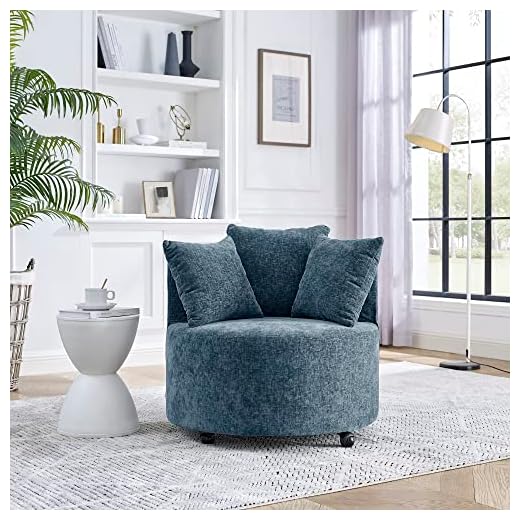 Niccae Loop Yarn Upholstered Accent Swivel Chair, with Rotating Emphasis Chair with 360 Degree Rotation, Movable Wheels, and 3 Pillows (Navy)