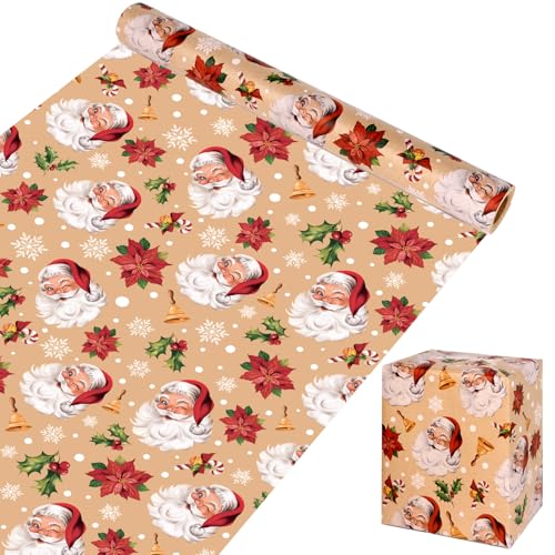 FINGOOO Santa Claus Christmas Wrapping Paper Kraft Mini Roll 17 Inch X 33 Feet Vintage Gift Wrap Paper