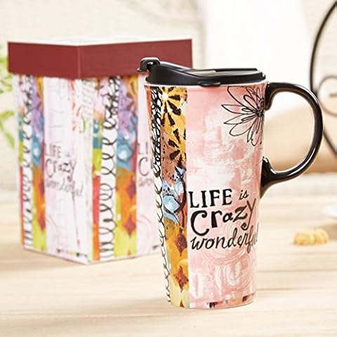 DUSVALLY Ceramic Coffee Mug with Lid Porcelain Cup with Color Box 17oz.Life Crazy Wonderful Cover