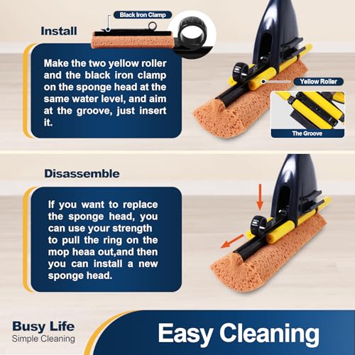 Image of Yocada Sponge Mop Home Commercial Use Tile Floor Bathroom Garage Cleaning | Total 3 Sponge Heads Squeegee and Extendable Telescopic Long Handle 42.5 to 52 Inches Easily Dry Wringing Only 3 Heads