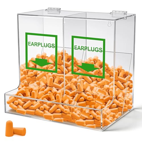 Vercraft 12.5'' x 11.2'' x 8.4'' Double Bin Ear Plug Dispenser with Cover and Front Pocket Small Clear Acrylic Holder for Table Wall Mount Earplug Protection Industrial Factory Office School Nursery