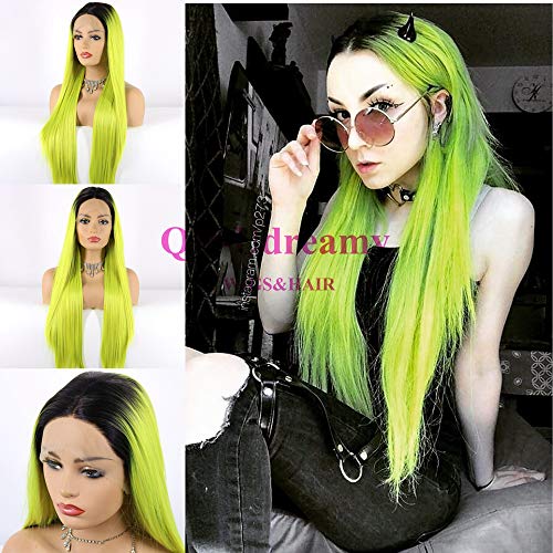 QD-Udreamy Synthetic Lace Front Wigs 1B Hair Roots Ombre Yellow Green Mixed Color Natural Long Silky Straight Heat Resistant Soft Fiber Hair Wigs for Women 24 Inch