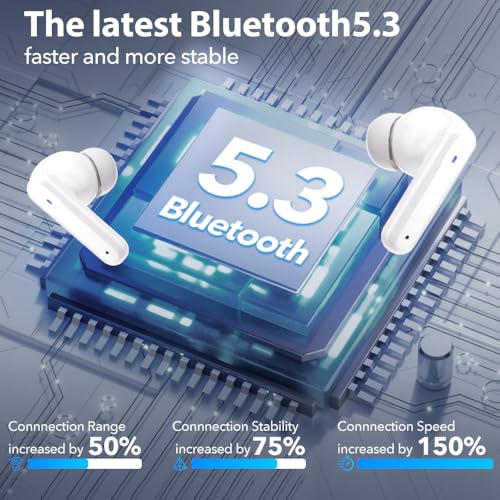 Image of Bluetooth Earbuds Wireless Headphones, 50H Deep Bass Ear Buds with 4 Noise Cancelling Microphone, IPX5 Waterproof Earphones for iPhone Android audifonos inalambricos (Ivory)