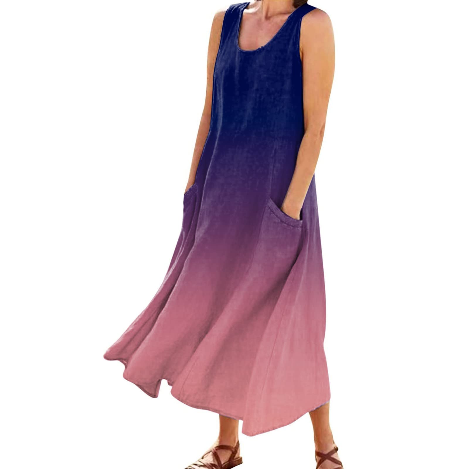 Women's Summer Cotton Linen Long Dress Sleeveless Elegant Flowy Dresses Plus Size Loose Comfy Dress with Pockets 2024