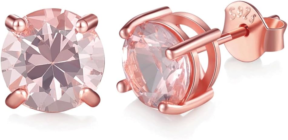 JIANGXIN Round cut Morganite Rose Gold Plated 925 Sterling Silver Stud Earrings Fine Jewelry for Women 3mm 4mm 5mm 6mm