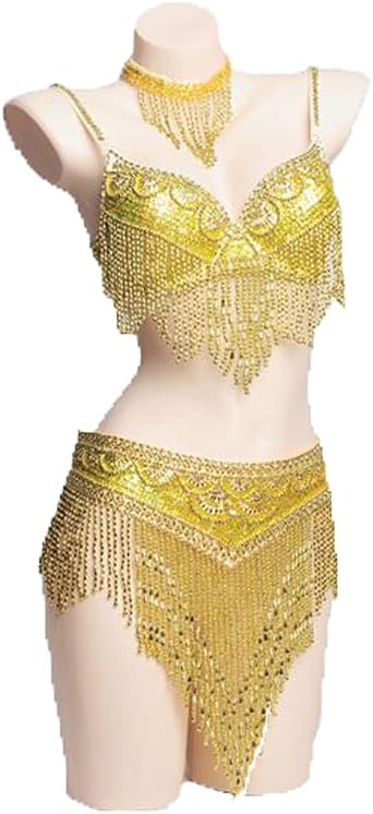 Womens Fringe Belly Dancer Costumes Tribal Dancing Outfits Belly Dance Top Bra and Belly Dancing Belt 2-Piece Set