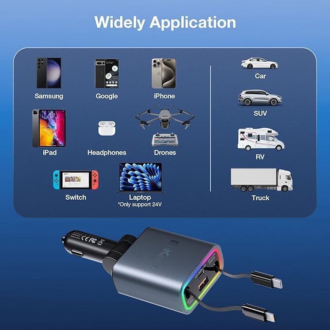 Cargador de coche 4 en 1 universal USB C retráctil compatible con iPhone y carga rápida de 66W 6