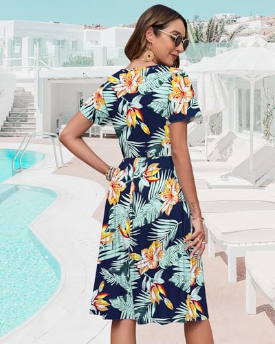 Image of WNEEDU Women V Neck Button Down Empire Waist Midi Summer Dress with Pockets