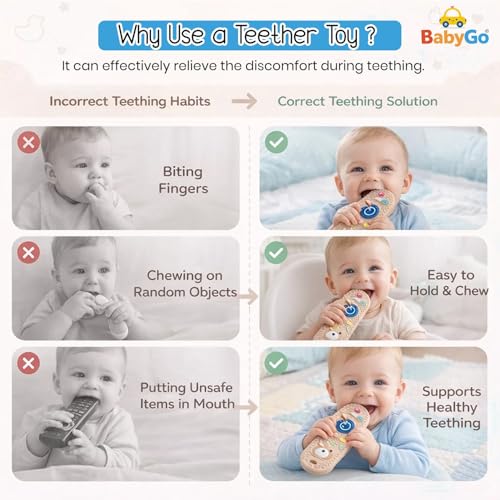 Image of BabyGo Remote Teether for Babies| Helps Biting Skills Development, Colour & Shape Recognition| Baby Remote Teething Toy for 3+ Months (6-12 Months) Safe Teething Toy for Babies & Toddlers (Brown)