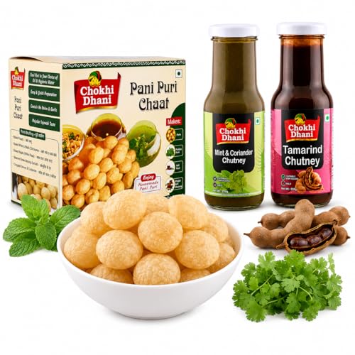 Image of Chokhi Dhani Pani Puri Chaat Kit with Mint & Coriander Chutney (210g) & Tamarind Chutney (250g) | Crispy Flat Puris, Pudina Pani & Imli Chutney | No Onion No Garlic
