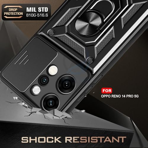 Image of AESTMO Tough Armor Oppo Reno 14 Pro 5G Bumper Back Case Cover | Ring Holder & Sliding Camera Shield Cover | 360 Degree Protection Back Case Cover for Oppo Reno 14 Pro 5G (Black)