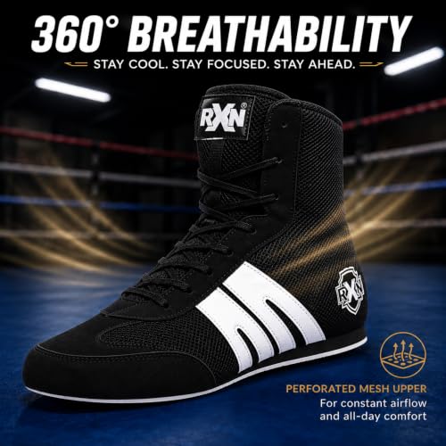 Image of RXN Gold Medal Boxing Shoes for Men | Lightweight High Top Boxing Boots with Anti-Slip Non-Marking Rubber Sole | Breathable Mesh Upper | Training, Sparring & Competition Boxing Shoes