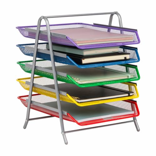 Mind Reader 5-Tier Paper Tray Organizer with Multicolor Trays, Classroom File Organizer for Teachers, Metal Mesh, Assorted Colors