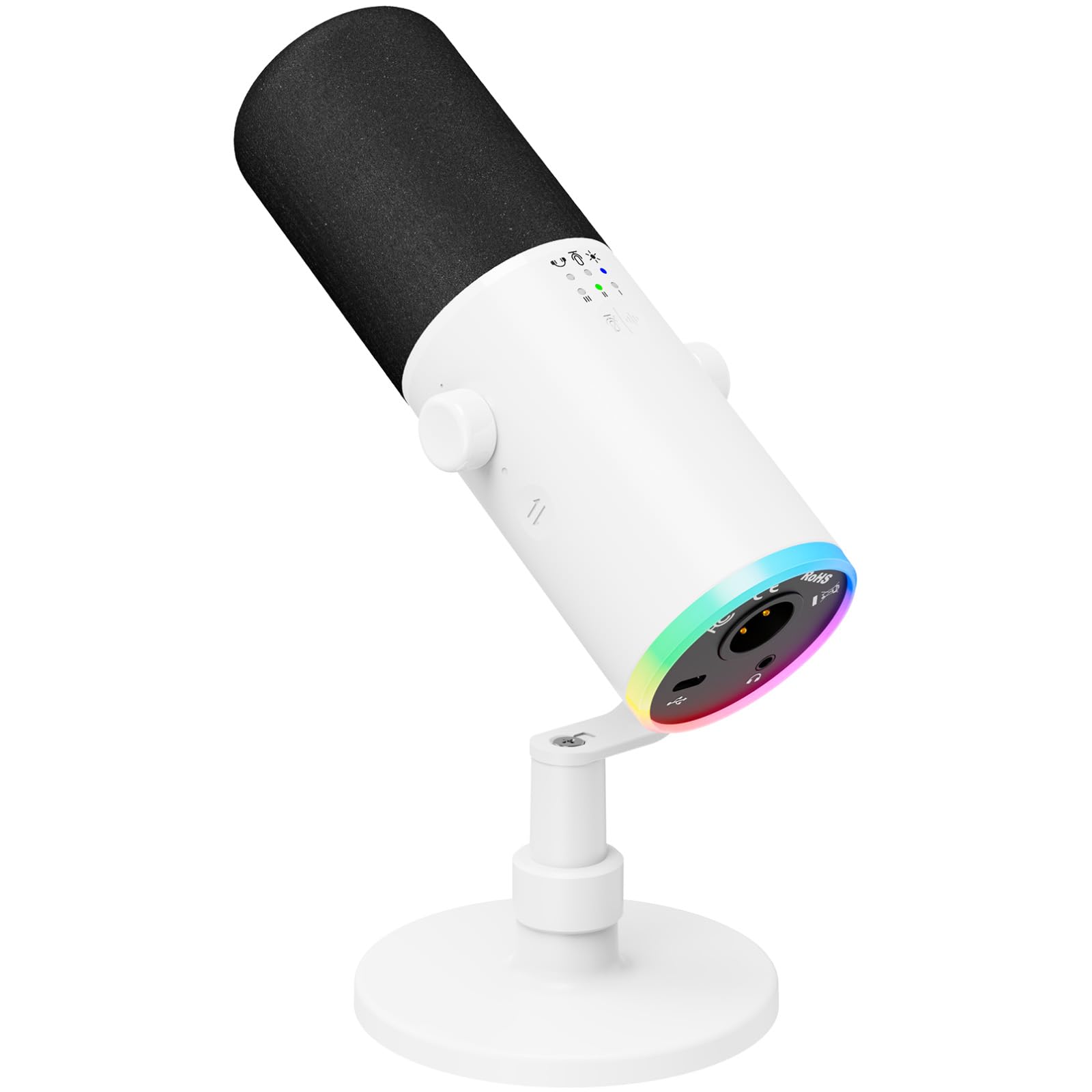 TONOR Dynamiczny mikrofon do gier, mikrofon XLR/USB do strumieniowego przesyłania, redukcja szumów AI, sterowany RGB, wyciszenie, gniazdo słuchawkowe 3,5 mm, mikrofon ze stojakiem stołowym, biały