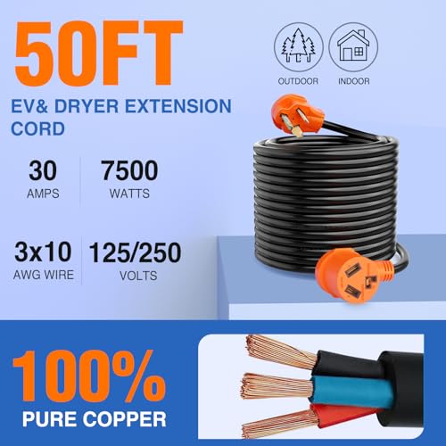 Image of Nilight 50FT EV Dryer Extension Cord 3 Prong 30 Amp NEMA 10-30P 10-30R Old Extensions Cable Heavy Duty 10 Gauge Pure Copper Wire UL Listed 125 /250V for Level 2 Using