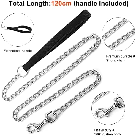 Dacitiery Metal Dog Leash, Chew Proof 4FT/1.2M Dog Chain Leash, Heavy Duty Anti-Bite Dog Lead Pet Leash with Nylon Soft Padded Handle for Small Medium Large Dogs (3MM)
