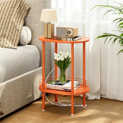 Image of Small Oval Side Table with Charging Station, 2-Tier Orange Round End Table | Narrow Nightstand with USB Ports and Outlets, Bedside Table for Small Space - Living Room, Bedroom, Nursery,(1PC,Orange)