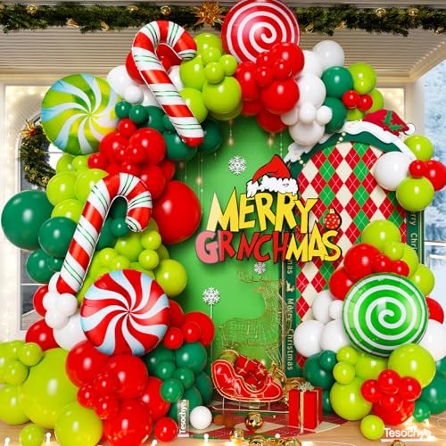 147 Pcs Christmas Balloon Garland Arch Kit with Xmas Red and Green Candy Cane foil Balloons Red Green White Candy Balloons for for Christmas Party Decorations Birthday Supplies