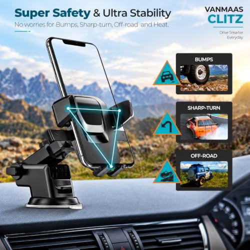 Image of VANMASS CLITZ Car Phone Holder for Dashboard, 360 Rotatable Mobile Holder with Strong Suction Cup, Adjustable Arm, One Touch Lock, Universal Smartphone Mount for Car