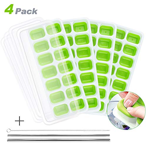 Homecube Paquete de 4 Bandejas de Cubitos de Hielo, Moldes de Silicona 14 con Tapa Antideslizante, Certificado LFGB/FDA, Apto para Lavavajillas (2 pajillas y 1 Cepillo de Limpieza como Regalo)