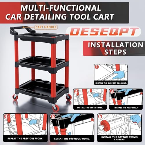 Image of Auto Detailing Cart with Wheels, 3 Tier Rolling Detail Cart, Car Wash Organizer for Detailers Garage, Workshop, Repair Shop, Storage Tool