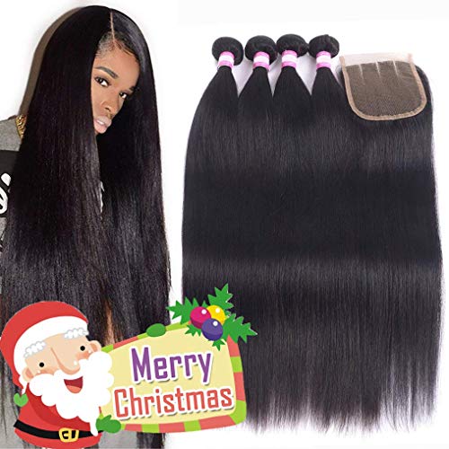Brazilian Human Hair Bundles With Closure 8A Brazilian Straight Hair 4 Bundles With 4X4 Closure Grace Length Mink Brazilian Hair With Lace Closure (22 24 26 28+Closure 20,Three Part)