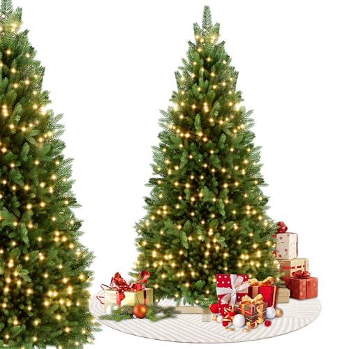 XMTECH Árvore de Natal artificial de 150 cm com luzes LED brancas quentes, ramos realistas e suporte de madeira, feito de polietileno e PVC para decoração de Natal reutilizável