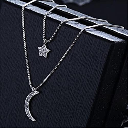 Collier double couche en zircone pour femmes avec pendentif étoile lune