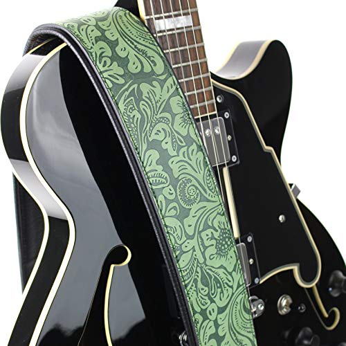 Walker And Williams G-977 Sangle en mousse légère avec motif floral en relief et gant rembourré à l’arrière en cuir Vert - Les Beatles, Paul McCartney, John Lennon, RIngo Starr, George Harrison Walker And Williams G-977 Sangle en mousse légère avec motif floral en relief et gant rembourré à l'arrière en cuir Vert – Image 6
