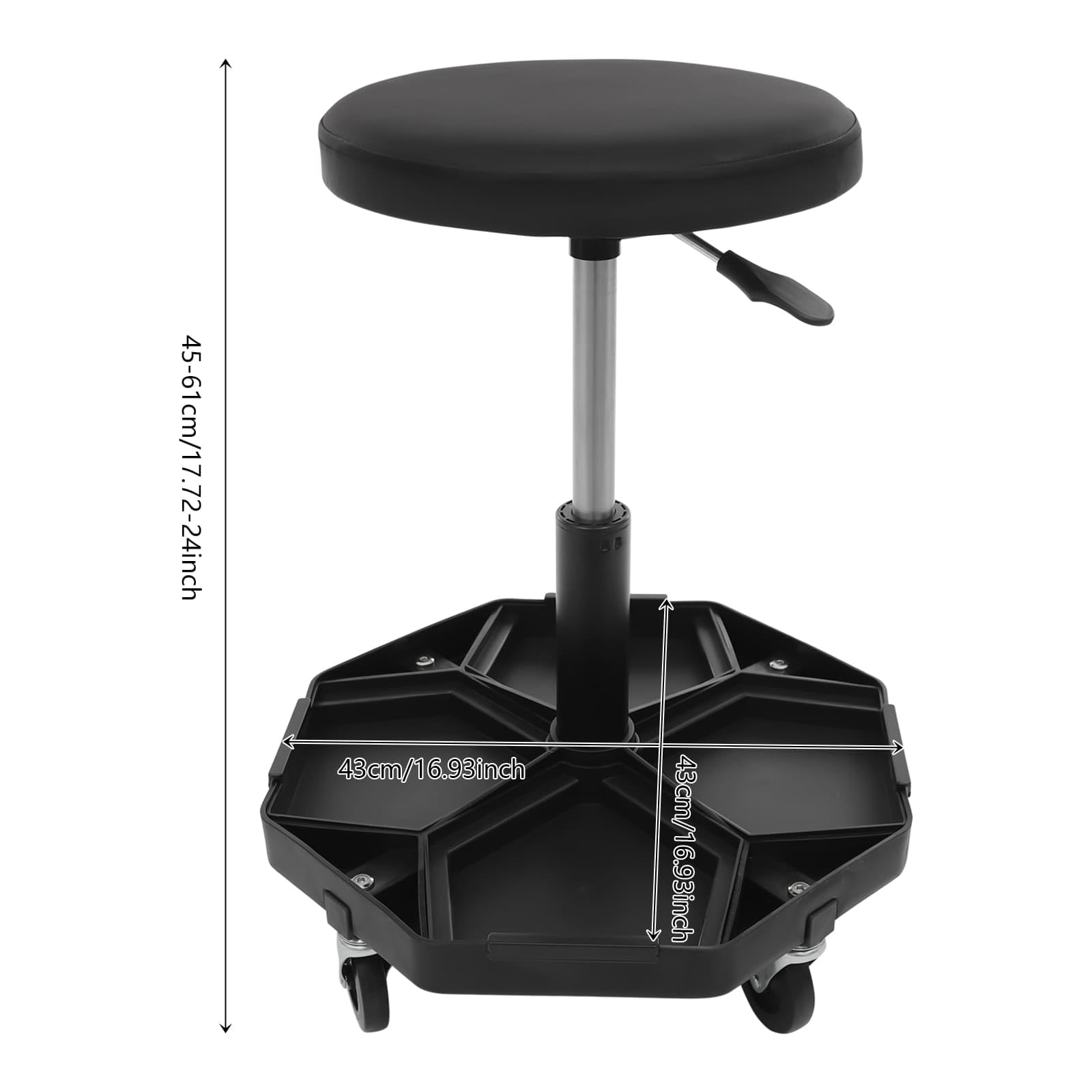 Sgabello da officina con ruote, altezza regolabile da 45 a 61 cm, con vassoio per attrezzi, per meccanici, garage, fai da te (nero)