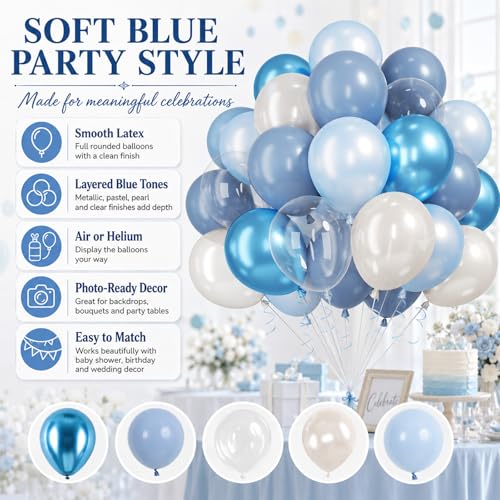 Image of Blue Balloons, 60Pcs Pearl White and Blue Balloon, 12 Inch Latex Double Stuff Pearl Blue Balloons for Boy Baby Shower Birthday Party Gender Reveal Wedding Anniversary Graduation Party Decorations