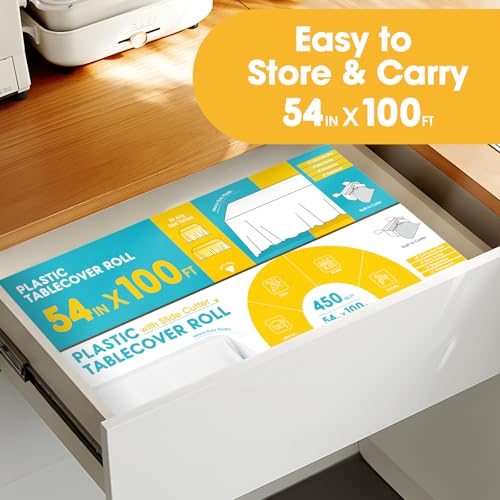 Image of Niuara White Plastic Table Cover Roll - 54IN x 100FT, Table Cloth for Rectangle Table with Slide Cutter, Plastic Table Cloth Disposable with Cut-to-Size Design for Weddings, Banquets, Parties