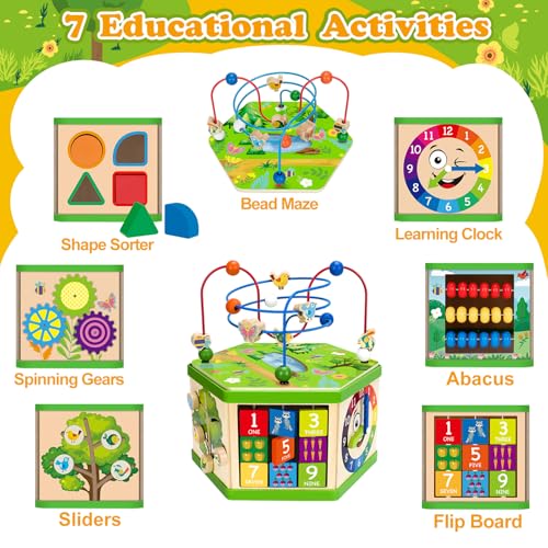 Image of Wooden Activity Cube for 1 Year old, 12-18 Month Boys & Girls, 7-in-1 STEM Montessori Early Developmental Learning Toys for Kids Aged 1-2, Ideal 1st Birthday Gift Toys for Baby, Toddlers (Green)