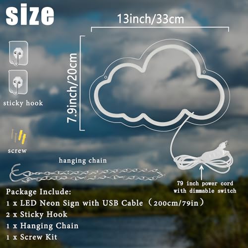 Image of Cloud Neon Sign Cute Warm White Clouds LED Light Sign for Wall,13 * 7.9in Dimmable USB Floating Clouds Light Up Sign for Living Room Kid Bedroom Nursery Birthday Christmas Wedding Party decor