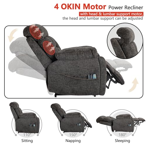 4 OKIN Motor Power Lift Recliner Chair for Elderly Adults Extra Large Lay Flat Recliners with Massage Heat, Adjustable Head-Back-Lumbar-Leg-Support, Extended Footrest, 2 Cup Holders