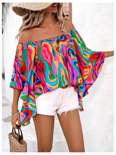 GORGLITTER Women's Off The Shoulder Tops Boho Asymmetrical 3/4 Sleeve Ruffle Colorful Blouses Shirt Tops Dressy Casual3