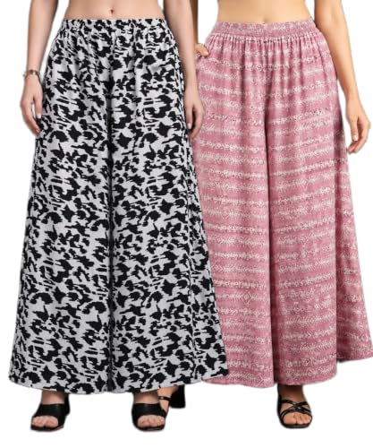Image of Women Printed Palazzo Pants Combo Pack of 2, Comfortable Elastic Waist Lounge Pants for Women | Relaxed Fit, Loose Fitting Wide Leg Palazzo Pants, Casual Bottom (Available in S to 3XL Size)
