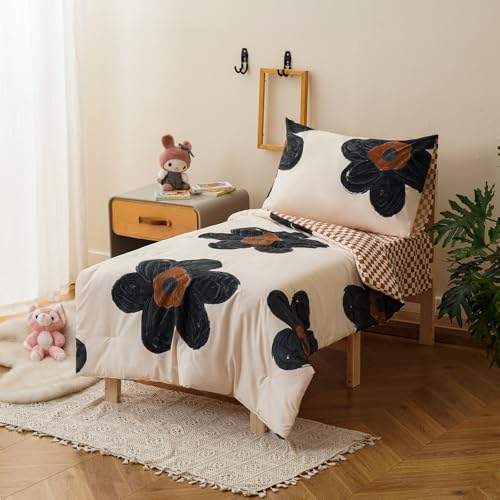 Image of Luxlovery Toddler Comforter Set Black Beige Sunflower Kids Boho Bedding Set Bed Set for Dorm 4 Pieces (1 Comforter, 1 Flat Sheet, 1 Fitted Sheet, 1 Pillowcase)