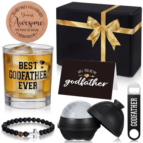 CHENGU 7 Pcs Godfather Proposal Gifts Set Will You Be My Godfather with Glass Cup Bracelet Keychain Card Gift Box from Godchild Father's Day Birthday Baptism