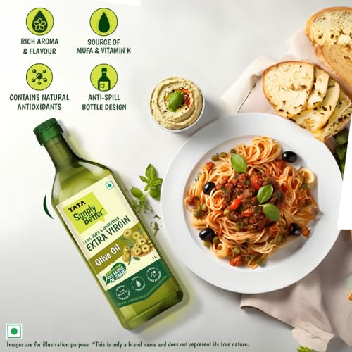 Image of Tata Simply Better Pure & Unrefined Extra Virgin Olive Oil, A1 Grade Olives From The Farms of Spain, Cold Press Extraction, Cholesterol & Trans Fat-Free, Natural Antioxidants, Rich in Vitamin E & K